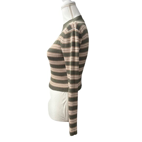 Striped Olive & Beige Ribbed Knit Long Sleeve Cropped Sweater Womans Juniors M - Picture 2 of 11